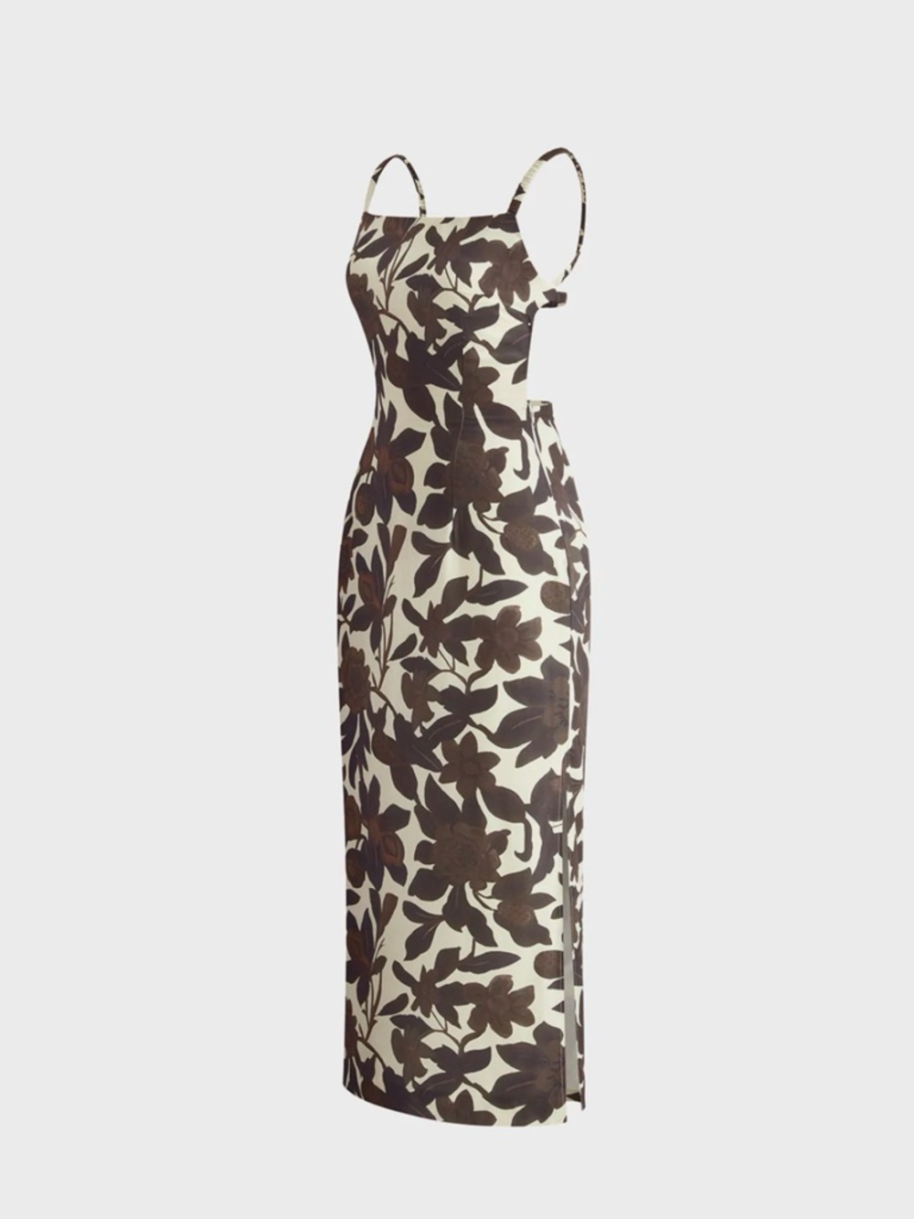 Floral Cutout Midi Dress in Brown and Cream
